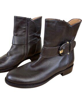 Napoleoni Leather Boots Brown Short Low Heel Buckle Italy (39)